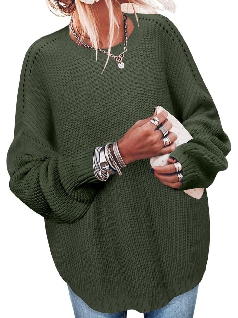 Women's Moss Green Fashion Oversized Casual Knit Ribbed Pullover Tunic Tops
